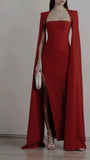 Niulatu Mermaid Strapless Red Satin Long Prom Dresses Party Dress With Cape SD1328