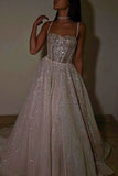 Niulatu A Line Spaghetti Straps Sequin Silver Long Prom Dresses Party Dress SD1331