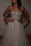 Niulatu A Line Spaghetti Straps Sequin Silver Long Prom Dresses Party Dress SD1331
