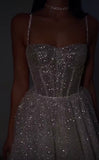Niulatu A Line Spaghetti Straps Sequin Silver Long Prom Dresses Party Dress SD1331