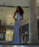 Niulatu Mermaid Spaghetti Straps Sequin Slit Blue Long Prom Dresses Party Dress SD1333