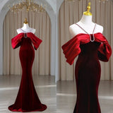 Niulatu Mermaid Off The Shoulder Burgundy Velvet Long Prom Dresses Party Dress SD1335