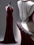 Niulatu Mermaid Scoop Neckline Burgundy Velvet Long Prom Dresses Party Dress SD1336