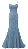 Niulatu Mermaid Spaghetti Straps Blue Lace Backless Long Prom Dresses Party Dress SD1337