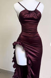 Niulatu Mermaid Spaghetti Straps Burgundy Backless Prom Dresses Party Dress SD1338