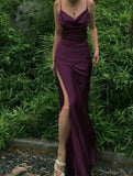 Niulatu Silk Satin Long Evening Party Dress Prom Dresses with High Slit SD1342