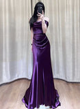 Niulatu Satin Off Shoulder Long Evening Dress, Purple Satin Prom Dress SD1344