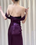 Niulatu Satin Off Shoulder Long Evening Dress, Purple Satin Prom Dress SD1344