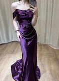 Niulatu Satin Off Shoulder Long Evening Dress, Purple Satin Prom Dress SD1344
