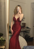 Niulatu Spaghetti Straps Mermaid Burgundy Backless Satin Long Prom Dresses SD1348