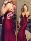 Niulatu Spaghetti Straps Mermaid Burgundy Backless Satin Long Prom Dresses SD1348
