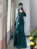 Niulatu Sheath Strapless Floor Length Ruffles Slit Green Satin Prom Dresses SD1350
