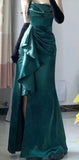 Niulatu Sheath Strapless Floor Length Ruffles Slit Green Satin Prom Dresses SD1350
