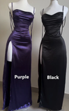 Niulatu Sheath Spaghetti Straps Floor Length Ruffles Grape Slit Prom Dresses SD1351