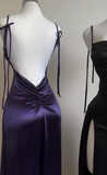 Niulatu Sheath Spaghetti Straps Floor Length Ruffles Grape Slit Prom Dresses SD1351