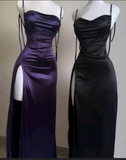 Niulatu Sheath Spaghetti Straps Floor Length Ruffles Grape Slit Prom Dresses SD1351