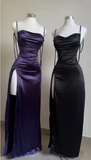 Niulatu Sheath Spaghetti Straps Floor Length Ruffles Grape Slit Prom Dresses SD1351