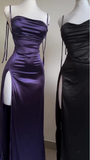 Niulatu Sheath Spaghetti Straps Floor Length Ruffles Grape Slit Prom Dresses SD1351