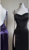 Niulatu Sheath Spaghetti Straps Floor Length Ruffles Grape Slit Prom Dresses SD1351