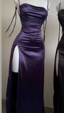 Niulatu Sheath Spaghetti Straps Floor Length Ruffles Grape Slit Prom Dresses SD1351