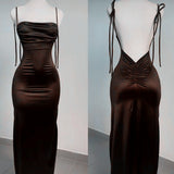Niulatu Sheath Spaghetti Straps Floor Length Ruffles Brown Slit Prom Dresses SD1352