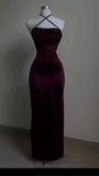 Niulatu Sheath Spaghetti Straps Floor Length Ruffles Backless Burgundy Prom Dresses SD1354
