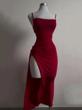Niulatu Sheath Spaghetti Straps Tea Length Backless Red Prom Dresses SD1355