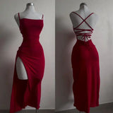 Niulatu Sheath Spaghetti Straps Tea Length Backless Red Prom Dresses SD1355