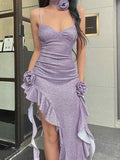 Niulatu Sheath Spaghetti Straps Tea Length Sequin Lilac Prom Dresses SD1356