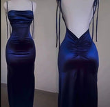 Niulatu Sheath Spaghetti Straps Floor Length Ruffles Royal Blue Prom Dresses SD1357