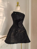 Niulatu A line Spaghetti Straps Black Pearls Women Dress Short Birthday Outfits SD135