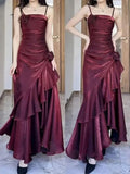 Niulatu Red Satin Long Straps Prom Dress Wine Red A-line Party Dress SD1360