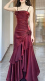Niulatu Red Satin Long Straps Prom Dress Wine Red A-line Party Dress SD1360