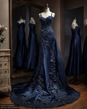 Niulatu Mermaid Spaghetti Straps Navy Blue Satin Long Prom Dresses Party Dress SD1363