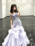 Niulatu Mermaid One Shoulder Lilac Tulle Satin Long Prom Dresses Party Dress SD1366