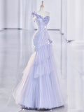 Niulatu Mermaid One Shoulder Lilac Tulle Satin Long Prom Dresses Party Dress SD1366