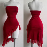 Niulatu Sheath Strapless Red Short Chiffon Prom Dresses Party Dress SD1370