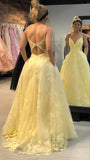 Niulatu Ball Gown Spaghetti Straps Lace Yellow Backless Long Prom Dresses Party Dress SD1371