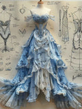Niulatu Ball Gown Strapless Off The Shoulder Blue Lace Prom Dresses Party Dress SD1372
