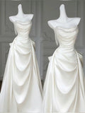 Niulatu Mermaid White Satin Strapless Pleats Long Satin Wedding Dress SD2001