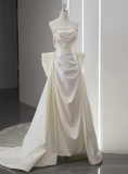 Niulatu Mermaid White Satin Strapless Pleats Long Satin Wedding Dress SD2001
