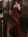 Niulatu Sheath Spaghetti Straps Burgundy Long Party Dress Prom Dresses SD1376