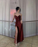 Niulatu Sheath Spaghetti Straps Burgundy Satin Long Party Dress Prom Dresses SD1381