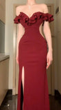Niulatu A-Line Off The Shoulder Satin Long Prom Dress Burgundy Formal Evening Dress SD1383