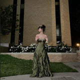 Niulatu Ball Gown Strapless Green Ruffles Satin Long Party Dress Prom Dresses SD1388