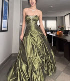 Niulatu Ball Gown Strapless Green Ruffles Satin Long Party Dress Prom Dresses SD1388