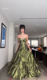 Niulatu Ball Gown Strapless Green Ruffles Satin Long Party Dress Prom Dresses SD1388