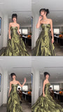 Niulatu Ball Gown Strapless Green Ruffles Satin Long Party Dress Prom Dresses SD1388