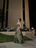 Niulatu Ball Gown Strapless Green Satin Long Prom Dresses With Silver Beads HZ1110