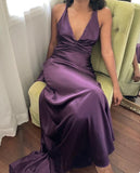 Niulatu A-Line V Neckline Grape Satin Long Prom Dresses Formal Evening Dress SD1389